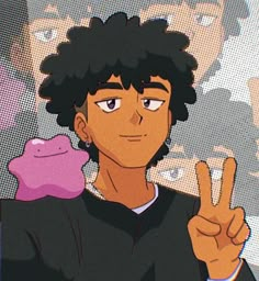 an animated image of a man holding a pink toy in his right hand and giving the peace sign