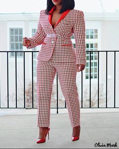 Color: red, Size: 1XL(14) Feminine Pant Suit, Casual Groomsmen, Button Shawl, Shawl Collar Blazer, Geometric Fashion, Summer Plaid, Outfits Y2k, Traje Casual, Blazer Set