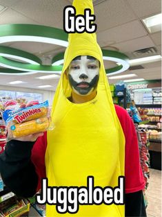 a person in a banana costume holding up a bag of chips with the caption get juggled