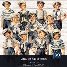 the vintage sailor boys are dressed in their navy blue and white outfits, with hats on