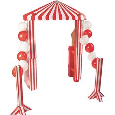 a red and white striped tent with balloons attached to it's sides, on a white background