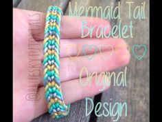 a hand holding a colorful bracelet with hearts in the background and text that reads mermaid tail bracelet