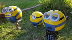 three yellow and blue balls with eyes on them sitting in the grass