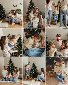 a collage of photos showing a family decorating their christmas tree