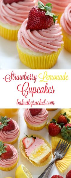 strawberry lemonade cupcakes with pink frosting and fresh strawberries