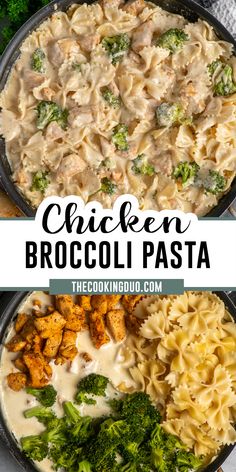 chicken broccoli pasta in a cast iron skillet with the title text above it