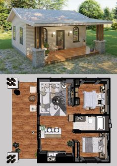 the floor plan for a small house with an attached porch and living room, as well as