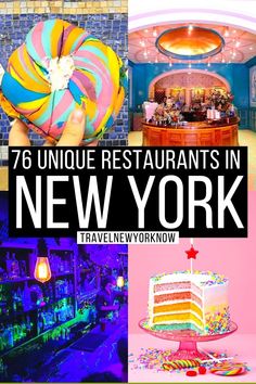 a collage of photos with the words new york on it and an image of a restaurant