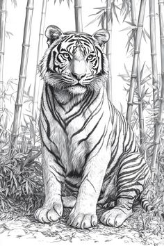 a tiger sitting in front of bamboo trees