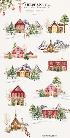 a christmas card with houses and trees in the snow, including one for each house