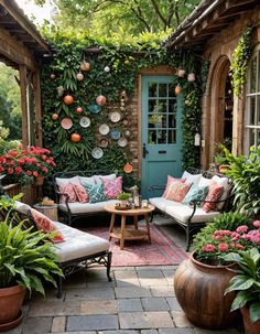 an outdoor living area with potted plants and flowers on the wall, couches in front of a blue door