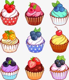 a bunch of cupcakes with different toppings on top of each one, including blueberries, raspberries, and strawberries