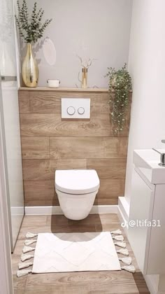 a white toilet sitting inside of a bathroom next to a wooden shelf filled with potted plants