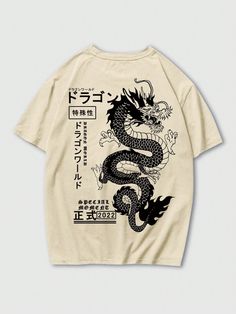 Men Japanese Writing Dragon Graphic Y2k T-Shirt Khaki Street  Short Sleeve Fabric Animal,Letter  Slight Stretch  Men Clothing, size features are:Bust: ,Length: ,Sleeve Length: Dragon Graphic, Men Fabric, Shirt Design Inspiration, Streetwear Tops, Dragon Print, Casual Summer Tops, Shorts Pants, Tee Shirt Homme, Print Graphic