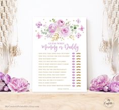 a wedding guess game with pink flowers and greenery on the side, next to purple peonies