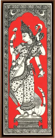 The Pattachitra style of painting beautifully captures the divine essence of Goddess Saraswati, portraying her as the embodiment of wisdom, knowledge, music, and arts. The intricate brushwork and vibrant colors used in Pattachitra paintings bring life to the depiction of the goddess, making her a central figure in this traditional art form. She is shown with four arms, each holding a symbolic object. Her hands may hold a veena (a musical instrument associated with knowledge and the arts), a book or manuscript (representing knowledge and learning), a rosary (symbolizing concentration and meditation), and sometimes a pot of sacred water (associated with purity).  Goddess Saraswati is depicted in Pattachitra paintings, which are traditional folk paintings from the Indian state of Odisha. Patt Indian Painting Styles, Traditional Indian Art Forms, Odisha Pattachitra Paintings, Patchitra Painting Odisha, Indian Style Painting, Pattachitra Art Paintings, Indian Art Style, Saraswati Madhubani Painting, Pattachitra Paintings Design