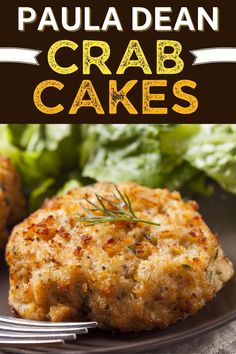 crab cakes on a plate with lettuce in the background and title overlay