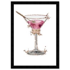 a watercolor painting of a pink martini in a black frame