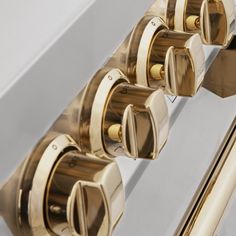 the handles and knobs on an ornately designed cabinet door are gold - plated