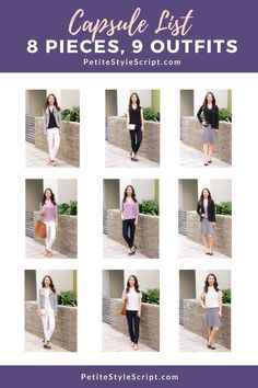 Capsule Wardrobe List Starter Kit for Petite Women Pharmacists & Doctors. 8 pieces to style 9 outfit ideas for travel and packing lightly. How to Start a Capsule Wardrobe for Healthcare Professionals and Pharmacists. Women in medicine and petite women. How to keep your closet simple and still have pieces to wear to work. From FIGS scrubs to work pants, dresses and skirts. Grab your free Capsule Wardrobes downloads on PetiteStyleScript.com and 36 Outfit Ideas to wear with Tieks Ballet Flats Outfit Ideas For Travel, Packing For Travel, Capsule Wardrobe Women