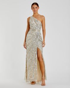 Sequined One Shoulder Draped Lace Up Gown Asymmetrical Neckline, Mac Duggal, Mesh Overlay, Side Cuts, Sequin Fabric, Thigh High, Thigh Highs, Silver Fashion, One Shoulder