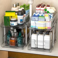 two metal shelves filled with different types of medical supplies on top of a white counter