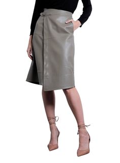 Taupe leather midi wrap skirt. Midi Wrap Skirt, Taupe Leather, Wrap Skirt, Skirt, Pants, Leather, Trousers