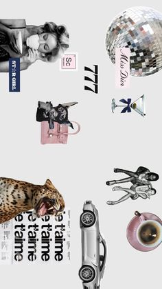 a collage of various objects including a cat, coffee cup and mirror ball on a white background