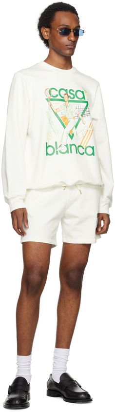 Organic cotton French terry sweatshirt. · Rib knit crewneck, hem, and cuffs · Logo graphic printed at front Supplier color: Off-white White Crew Sweatshirt With Logo Detail, White Crew Sweatshirt With Logo, White Sweats With Logo Print In Relaxed Fit, White Relaxed Fit Sweats With Logo Print, White Logo Print Sweatshirt For Loungewear, Sporty White Sweater With Logo Detail, White Embroidered Logo Sweatshirt For Loungewear, Off White Sweatshirt, Knit Crewneck