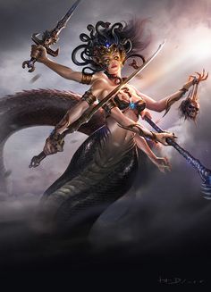 a beautiful woman holding two swords while standing on top of a dragon like creature in the sky