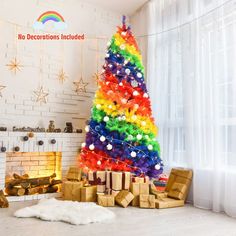 a rainbow christmas tree in a living room with presents on the floor next to it