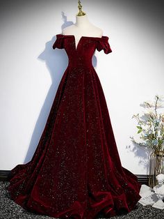 Dark Red Prom Dress, Burgundy Party Dress, Prom Dress Burgundy, Burgundy Evening Dress, Red Prom Dresses, Off Shoulder Evening Dress, A Line Evening Dress, Burgundy Velvet, Red Prom