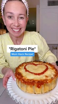 a woman sitting in front of a cake on top of a paper plate with the caption rigatoni pie mom hack recipe