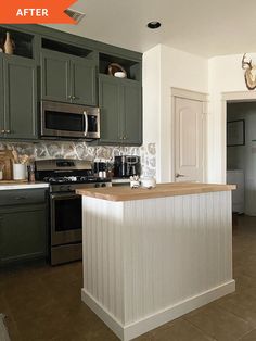 a kitchen with green cabinets and silver appliances