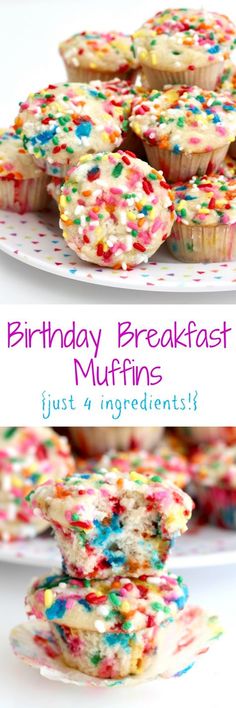 birthday breakfast muffins with colorful sprinkles on white plate and text overlay