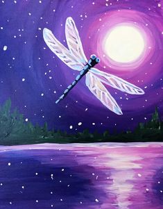 a painting of a dragonfly flying over water at night with the moon in the background