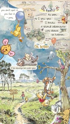 winnie the pooh and friends collaged together in an image with words above them