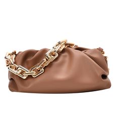 Cloud/Pillow Shaped Bag With Gold Toned Chain Handle. Can Be Worn Under Arm. Brown Everyday Bag With Gold Chain, Everyday Brown Bag With Gold Chain, Brown Chain Clutch Shoulder Bag, Chic Brown Clutch With Chain Strap, Trendy Brown Clutch, Brown Chain Bags, Trendy Brown Bags With Gold Chain, Chic Brown Everyday Bag, Elegant Brown Bag With Gold Chain