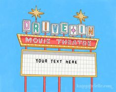 a drawing of the drive - in movie theatre sign with stars above it on a blue background