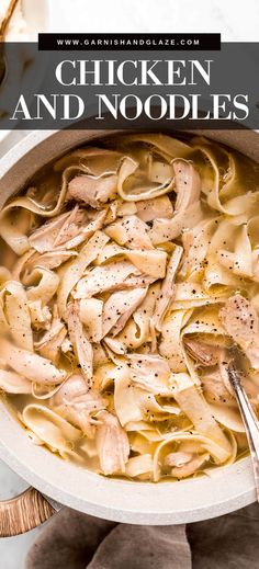 chicken and noodle soup in a white bowl