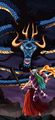 a woman holding a baseball bat in front of a dragon and demon like sky background