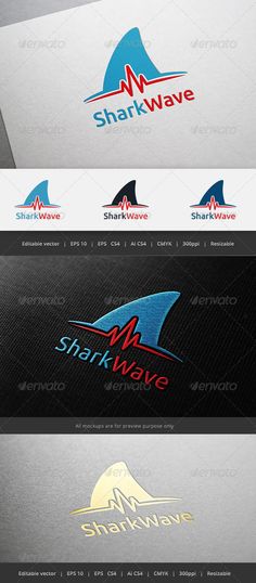 the logo for shark wave is shown in three different colors and sizes, including red, white