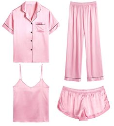 PRICES MAY VARY. 【Premium Material】--- This 4 piece pajama set is made of high-quality satin(95% Polyester, 5% Spandex), which is very soft, lightweight, and comfortable. This lightweight pajama set has a silky texture that will make you feel smooth and shiny, never pilling or fading, and help you sleep well, dreamlike. 【4Pcs Pajama Set】--- Women 4 pcs pjs sets include spaghetti strap cami top, a button-down short sleeve sleepshirt, a pair of shorts, a pair of long pants. This four-piece sets fo Silk Sleepwear Pajamas, Cute Pyjama, Nightwear Fashion, Cosplay For Women, Satin Pjs, Pyjama Satin, Satin Sleepwear, Silk Sleepwear, Pajamas Sets