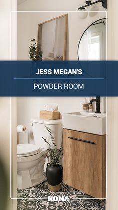 a white toilet sitting next to a sink in a bathroom under a mirror with text overlay that reads, jess megan's powder room