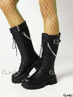 Baslia - Womens Mid-Calf Boots: PU Leather with Metal Accents, Round Toe, and Chunky Heel Street Wear Style, Pu Boots, Winter Heels, Estilo Chic, Womens Mid Calf Boots, Metal Accents, Womens Ankle Boots, Calf Boots, Mid Calf Boots