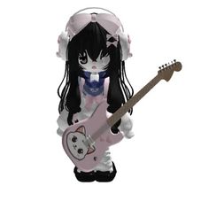 a cartoon girl with headphones and holding a pink electric guitar in front of a white background