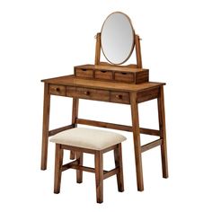 a wooden desk with a mirror and stool