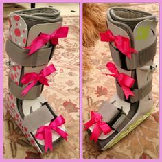 Decorated walking air cast/boot with painted polka dots, monogram, chevron & grosgrain bows. Bedazzled Walking Boot Cast, Boot Cast Decorating Ideas Leg, Decorated Walking Boot