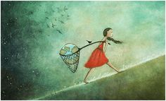 a girl in a red dress carrying a cage with birds flying above her and an earth globe on it