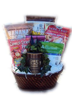 a basket filled with lots of food and snacks